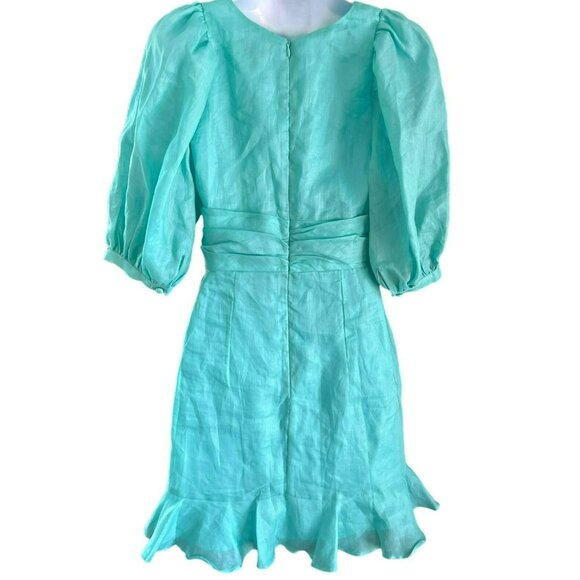 Bardot Women's Aura Aqua Puff Sleeve Mini Dress Ruffle Hem V-Neck NWT Size 4 - Picture 4 of 6